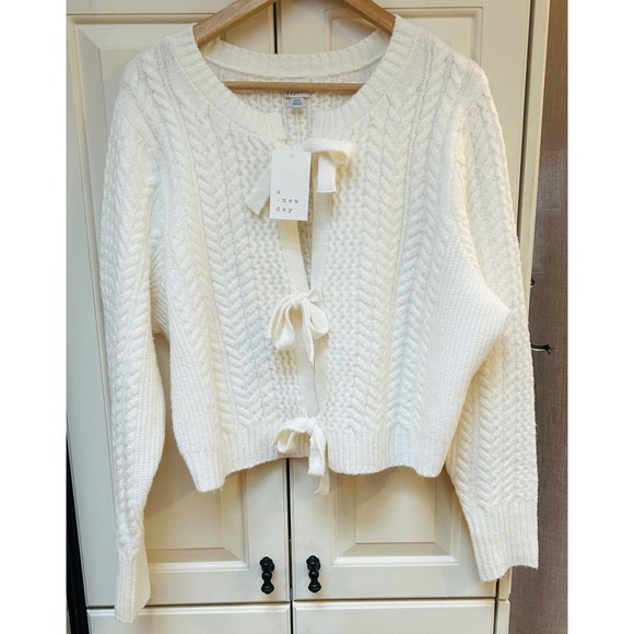 A New Day Cream Cable Knit Bow Tie Front Cardigan Sweater XXL‎ - Picture 3 of 8